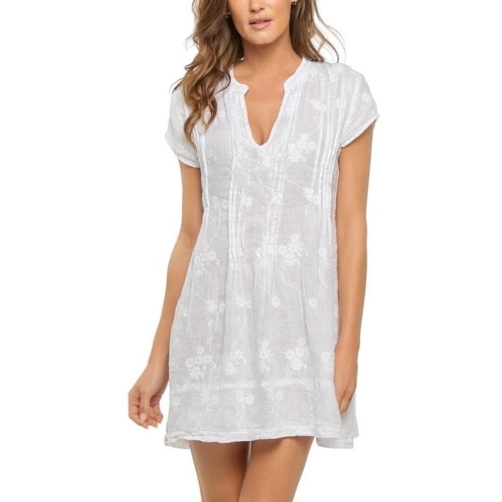 CP Shades Regina White Linen Embroidered Pintuck Tunic Dress Short Sleeve M